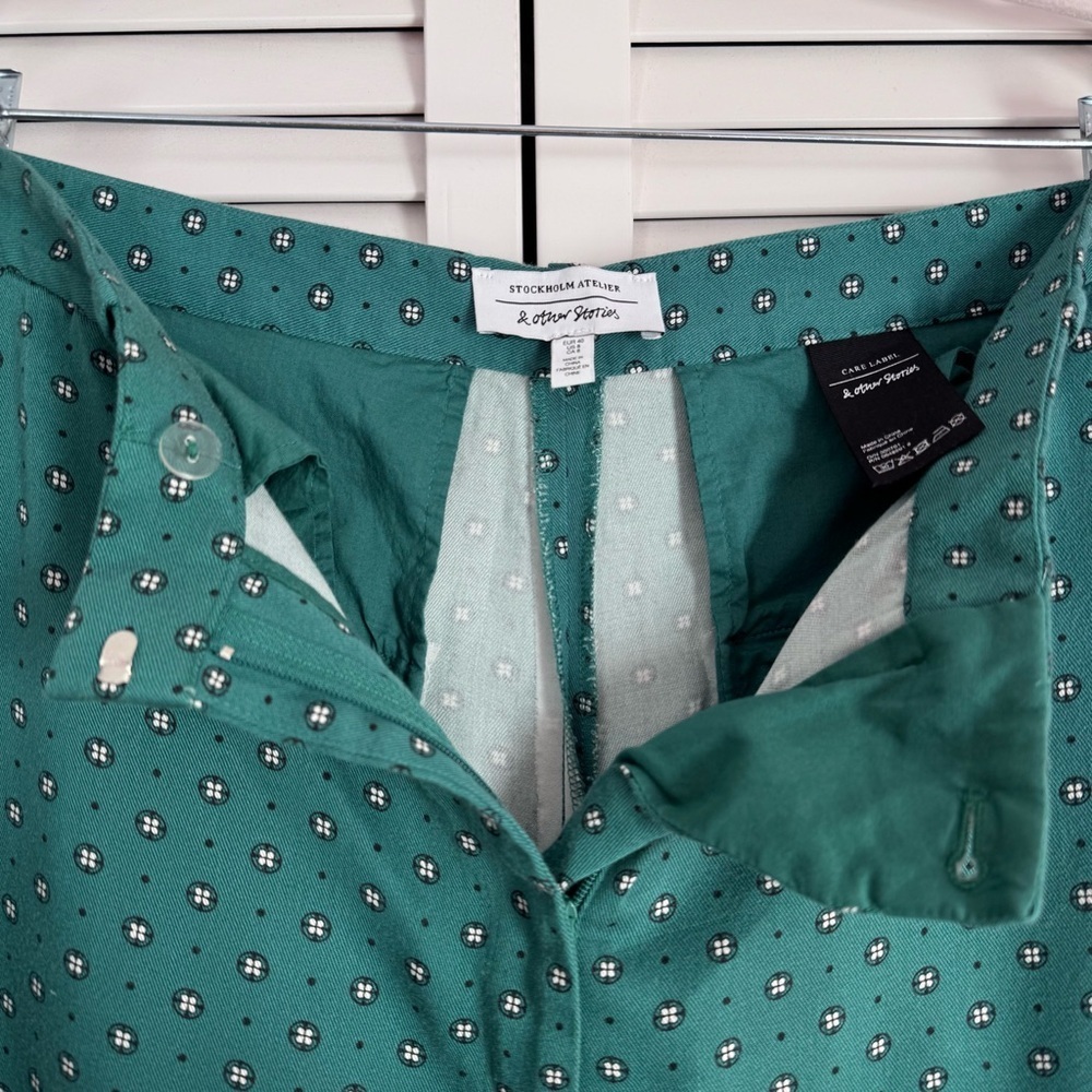 & Other Stories High Rise Wide Leg Retro Printed Green Pants Trousers Size 8 - Picture 5 of 11